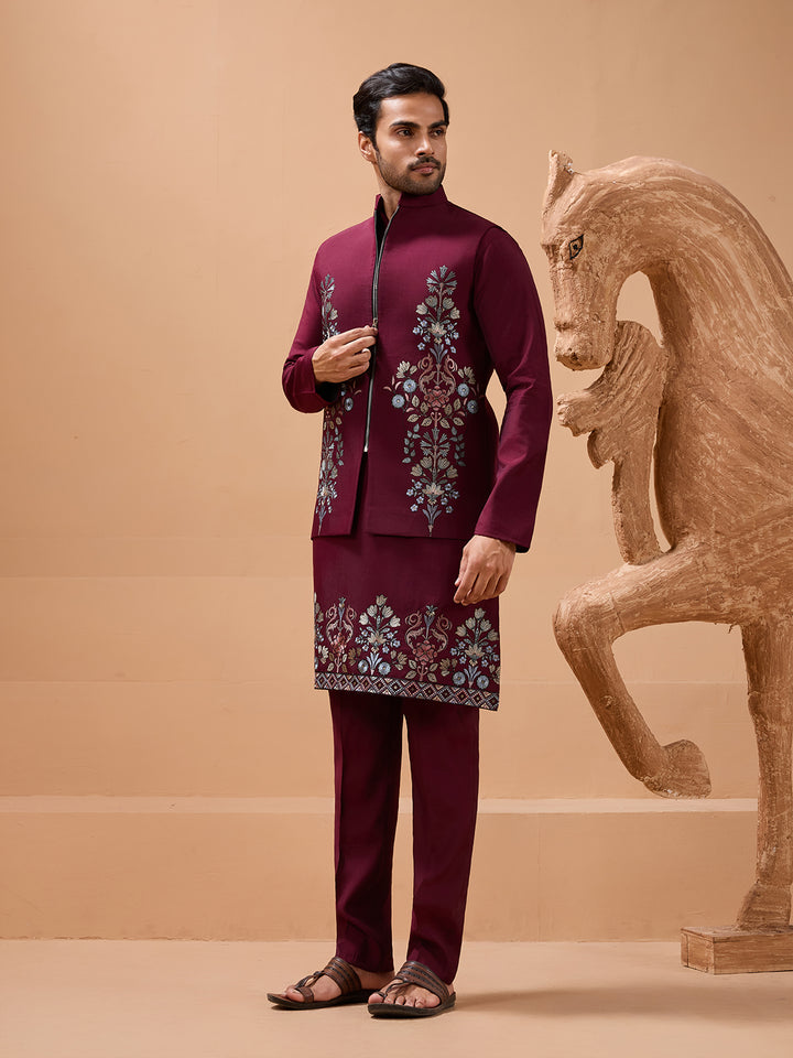Maroon Viscose Silk Koti Kurta Set | Men's Designer Embroidered Ethnic Wear