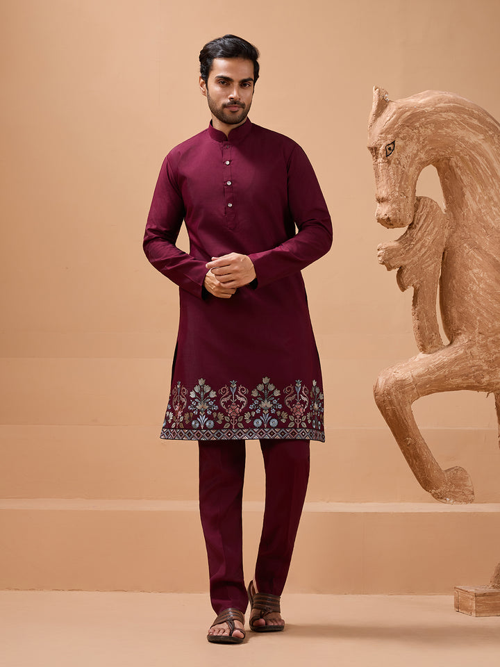 Maroon Viscose Silk Koti Kurta Set | Men's Designer Embroidered Ethnic Wear
