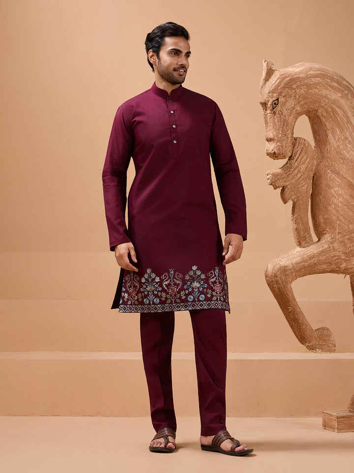 Maroon Viscose Silk Koti Kurta Set | Men's Designer Embroidered Ethnic Wear