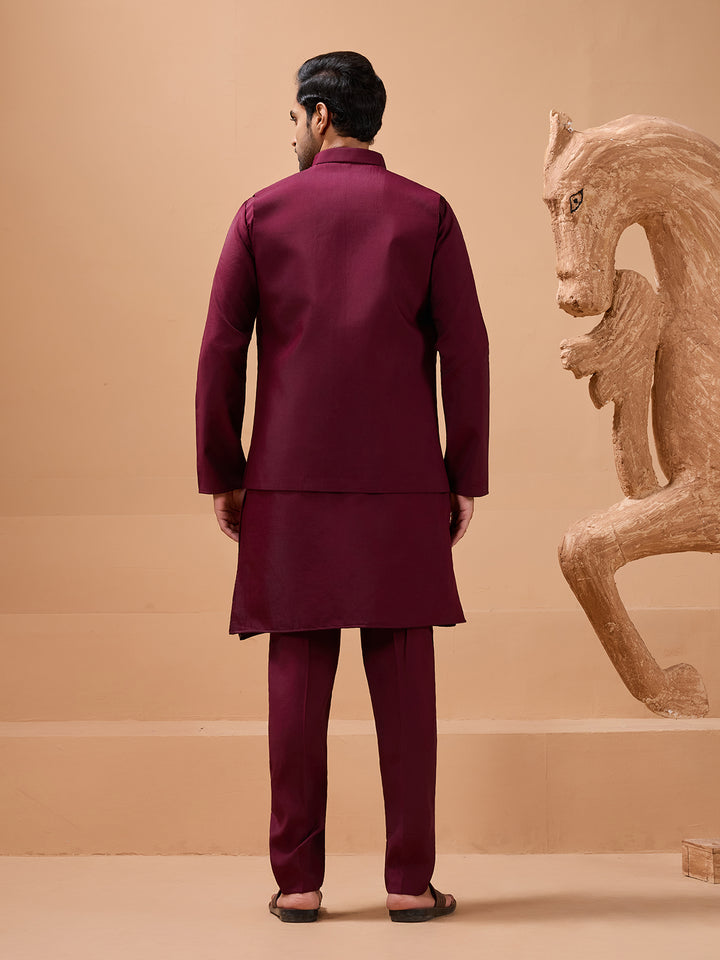Maroon Viscose Silk Koti Kurta Set | Men's Designer Embroidered Ethnic Wear