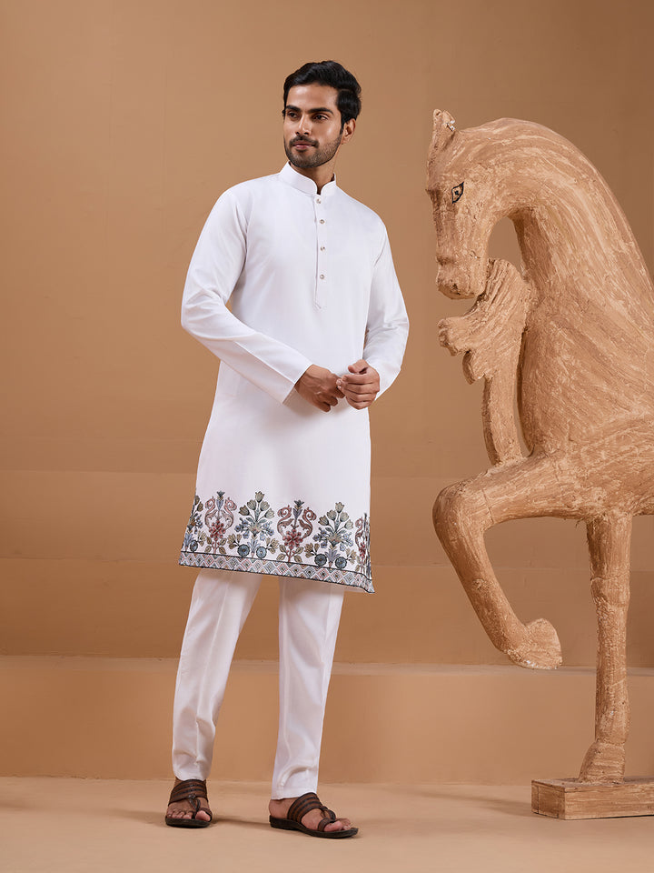 Men's Viscose Silk White Koti Kurta Set - Designer Thread Embroidery Ethnic Wear for Occasions