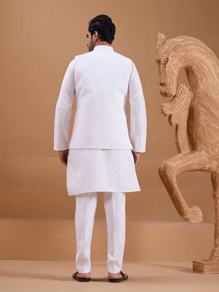 Men's Viscose Silk White Koti Kurta Set - Designer Thread Embroidery Ethnic Wear for Occasions