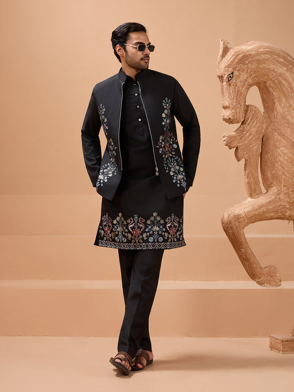 Black Viscose Silk Koti-Kurta Set for Men | Thread Embroidery Designer Occasion Wear