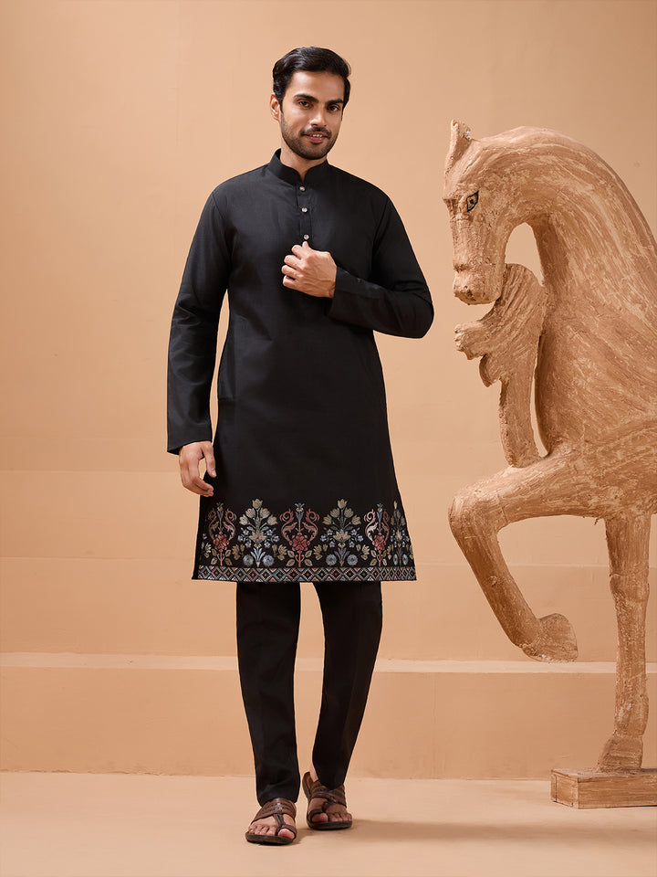 Black Viscose Silk Koti-Kurta Set for Men | Thread Embroidery Designer Occasion Wear