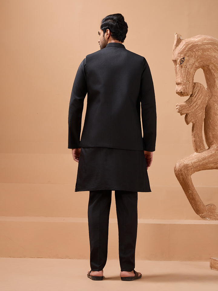 Black Viscose Silk Koti-Kurta Set for Men | Thread Embroidery Designer Occasion Wear