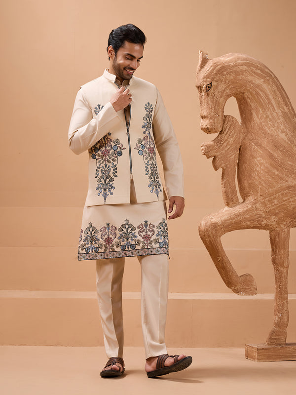 Designer Viscose Silk Beige Koti Kurta Set for Men | Thread Embroidery Festive Wear