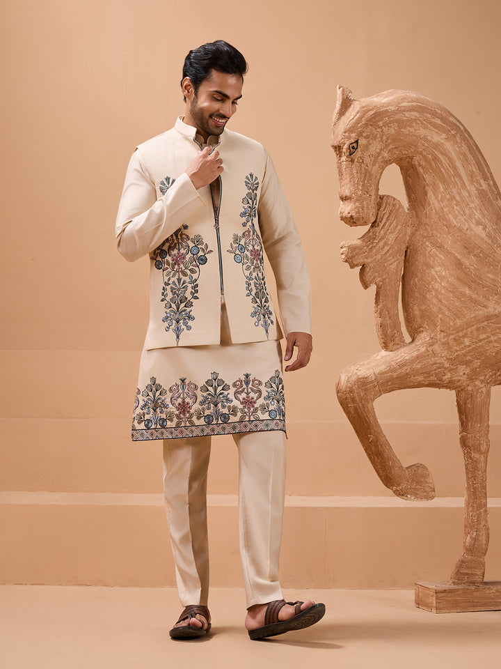 Designer Viscose Silk Beige Koti Kurta Set for Men | Thread Embroidery Festive Wear