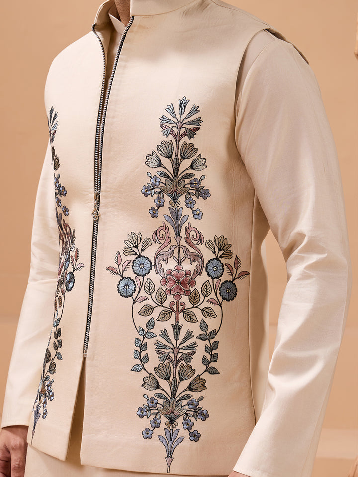 Designer Viscose Silk Beige Koti Kurta Set for Men | Thread Embroidery Festive Wear