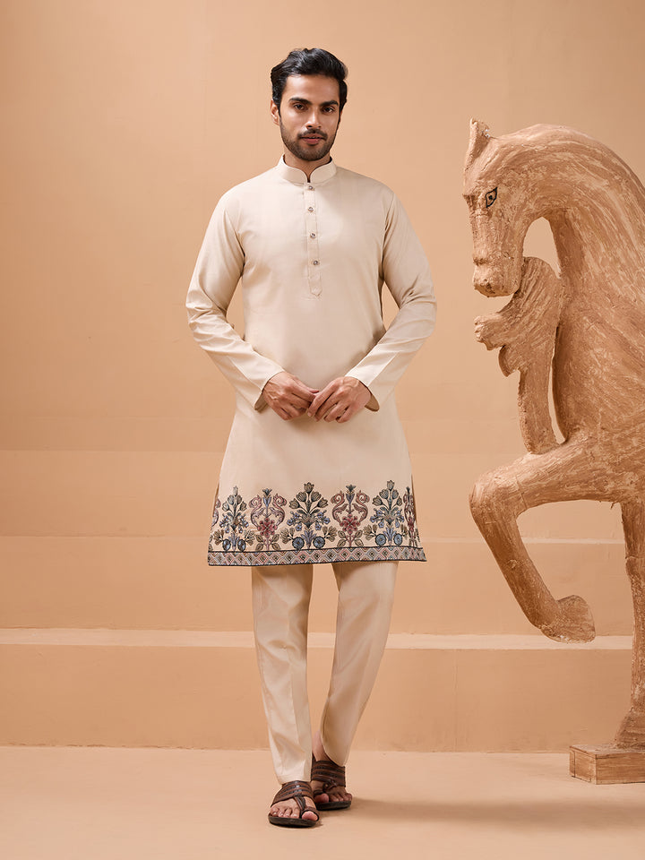 Designer Viscose Silk Beige Koti Kurta Set for Men | Thread Embroidery Festive Wear