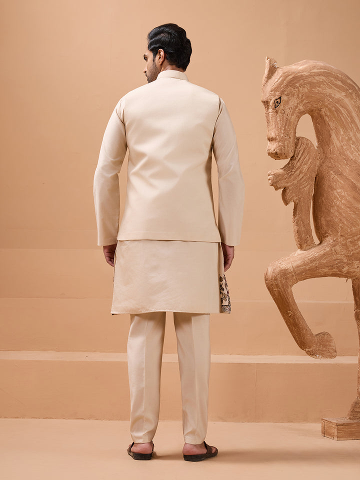 Designer Viscose Silk Beige Koti Kurta Set for Men | Thread Embroidery Festive Wear