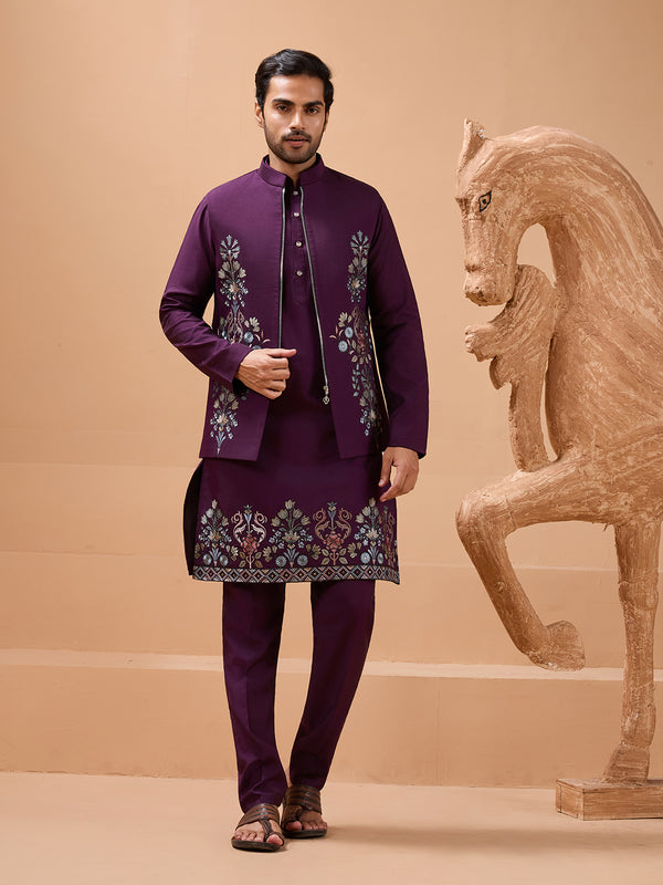 Purple Viscose Silk Kurta Set for Men with Exquisite Thread Embroidery