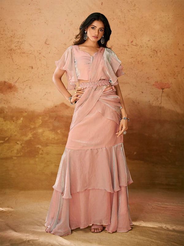 Baby Pink Organza Fancy Ready Mead Saree For Party And Weeding Wear