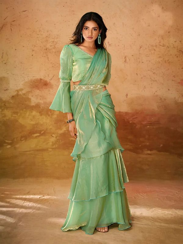 Green Organza Fancy Ready Mead Saree For Party And Weeding Wear