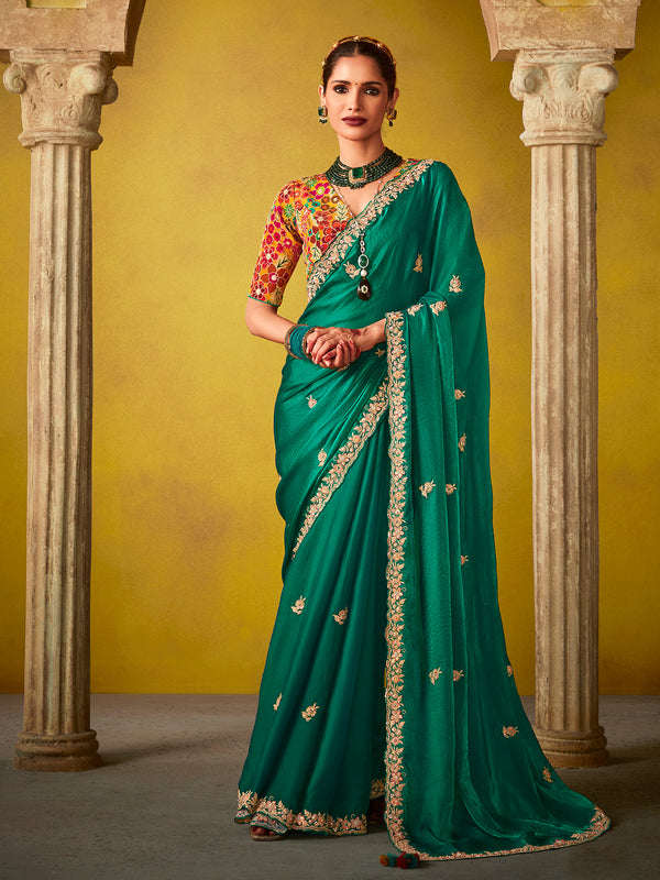 Green Tissue Designer Embroidery Weeding Saree