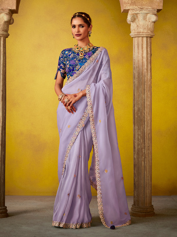 Designer Lavender Tissue Embroidery Weeding Saree