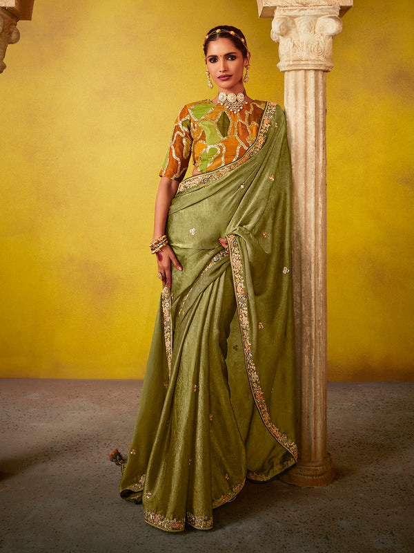 Designer Weeding Wear Tissue Embroidery Green Saree