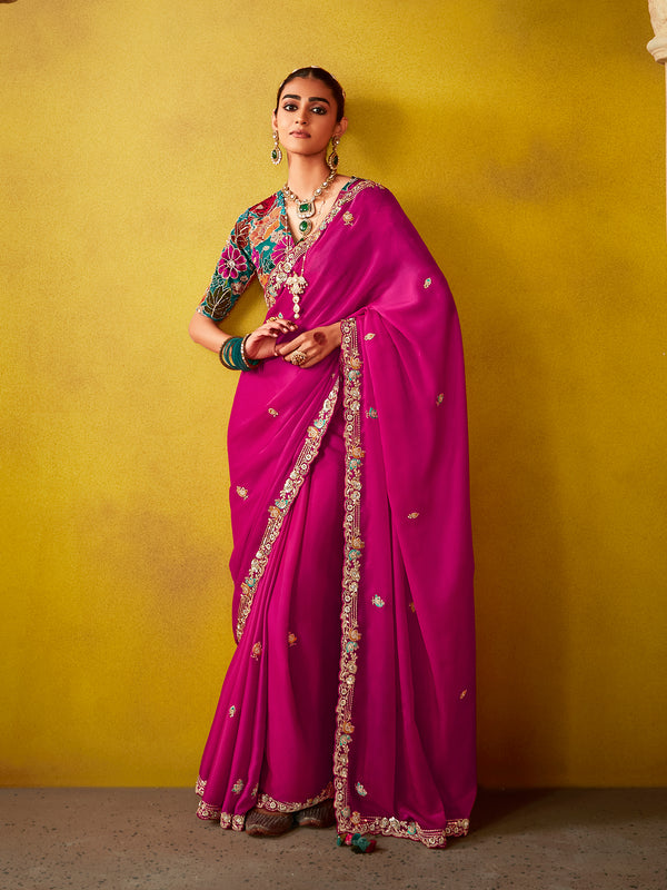 Rani Pink Weeding Wear Tissue Embroidery Saree