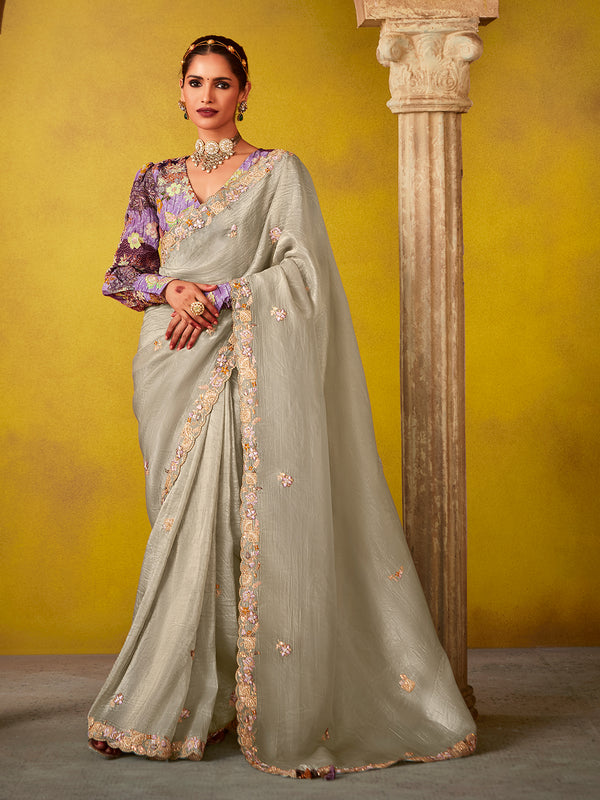 Pista Green Weeding Wear Tissue Embroidery Saree