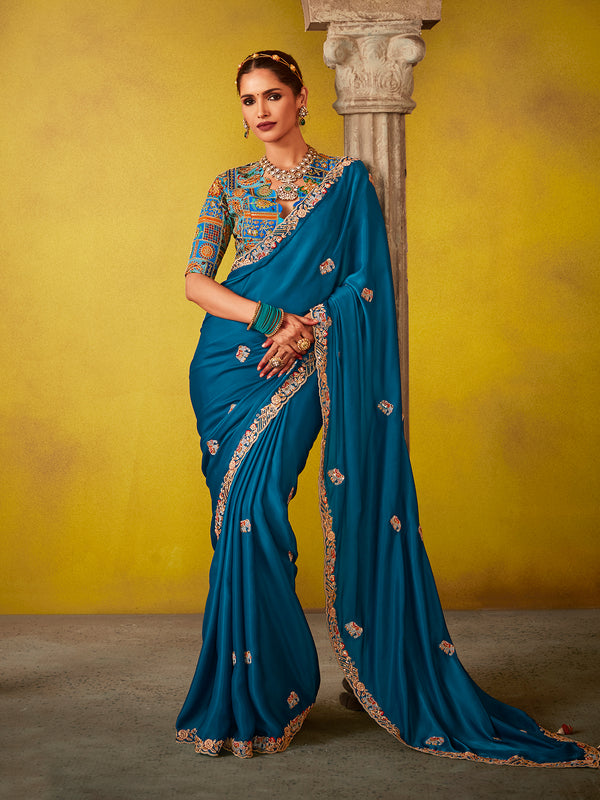 Teal Blue Weeding Wear Tissue Embroidery Saree