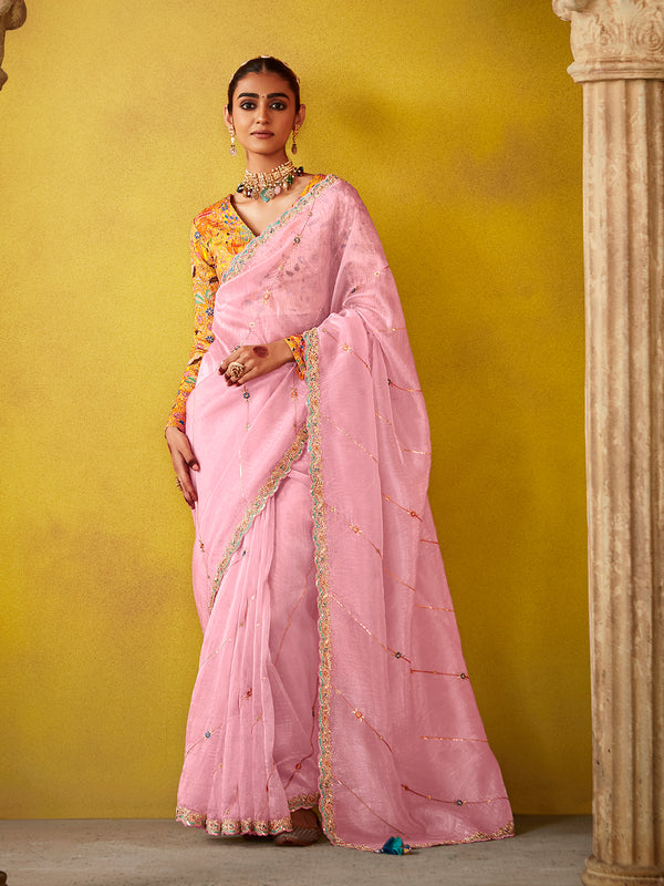 Light Pink Weeding Wear Tissue Embroidery Saree