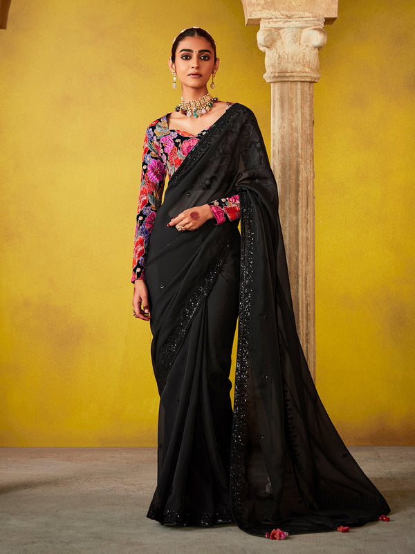 Black Designer Weeding Wear Tissue Embroidery Saree