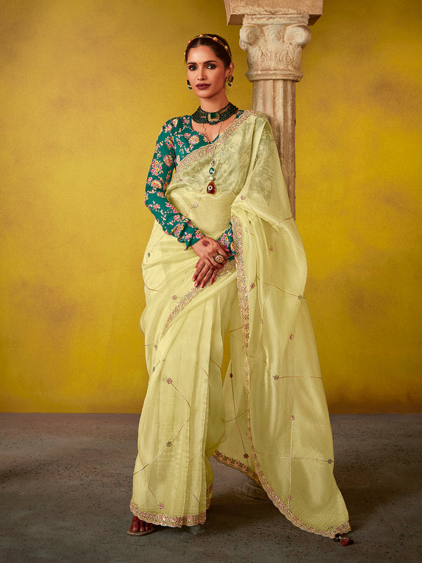 Lemon Yellow Designer Weeding Wear Tissue Embroidery Saree