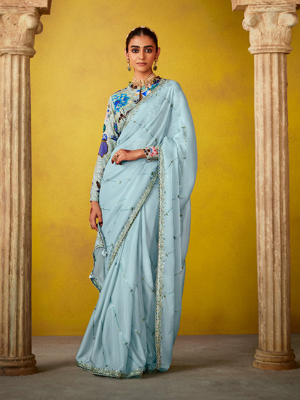 Sky Blue Weeding Wear Tissue Embroidery Saree