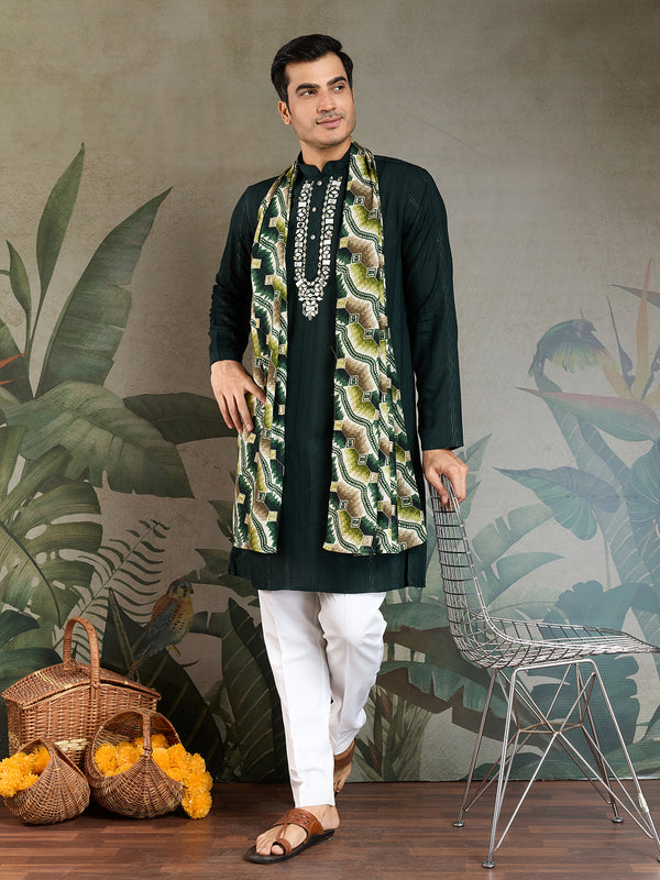 Green Viscose Men’s Kurta with Mirror Work & Zari Weaving | Festive & Wedding Wear