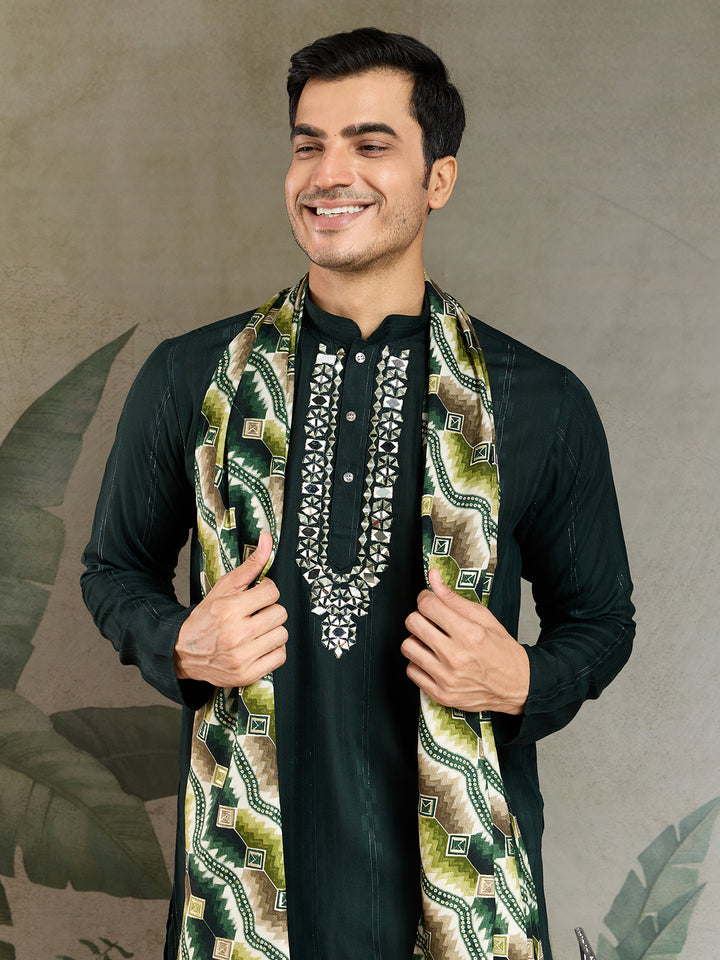 Green Viscose Men’s Kurta with Mirror Work & Zari Weaving | Festive & Wedding Wear