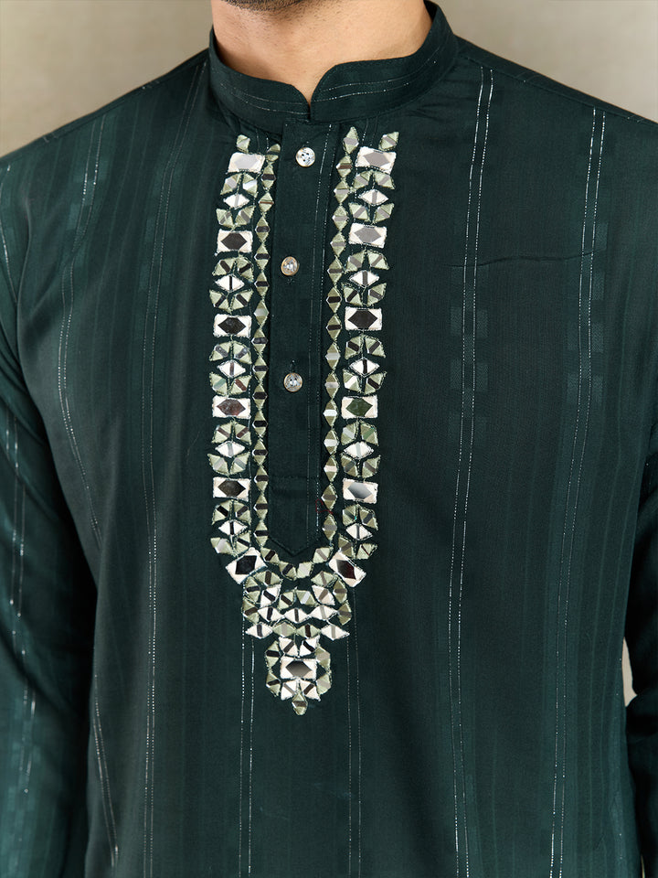 Green Viscose Men’s Kurta with Mirror Work & Zari Weaving | Festive & Wedding Wear