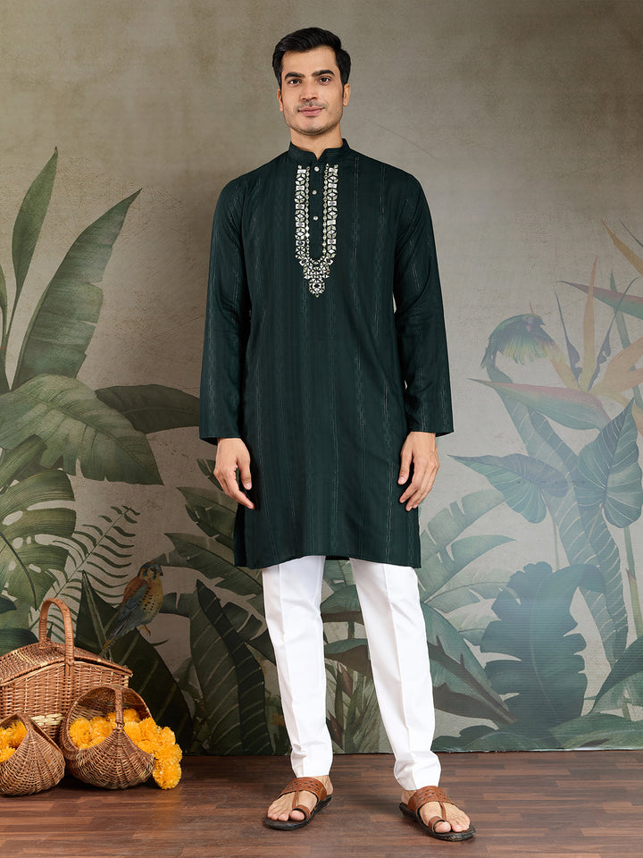 Green Viscose Men’s Kurta with Mirror Work & Zari Weaving | Festive & Wedding Wear