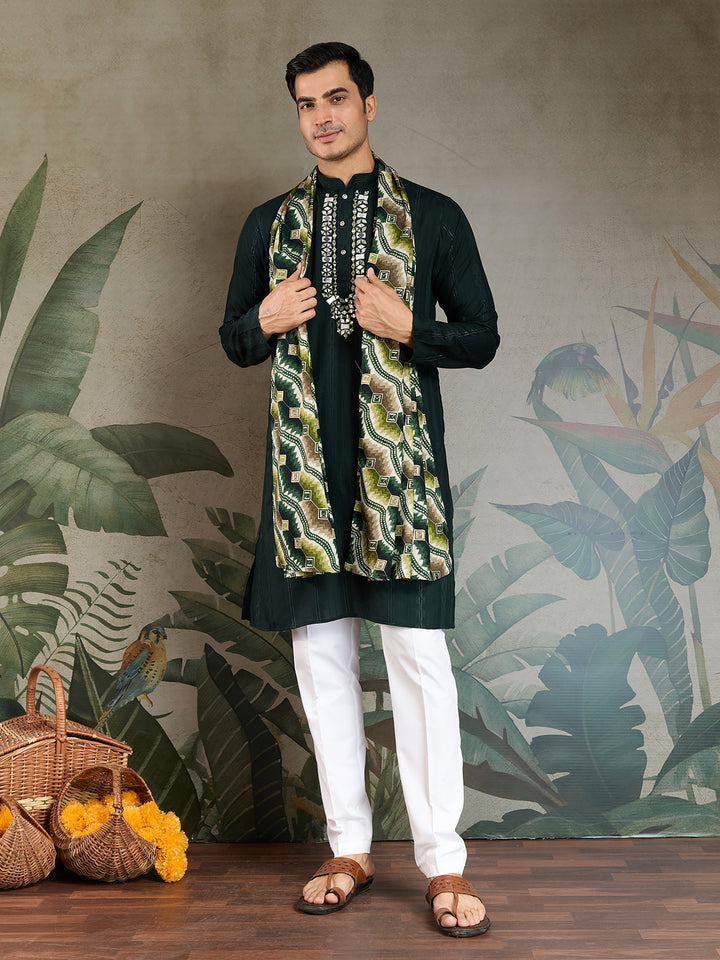 Green Viscose Men’s Kurta with Mirror Work & Zari Weaving | Festive & Wedding Wear