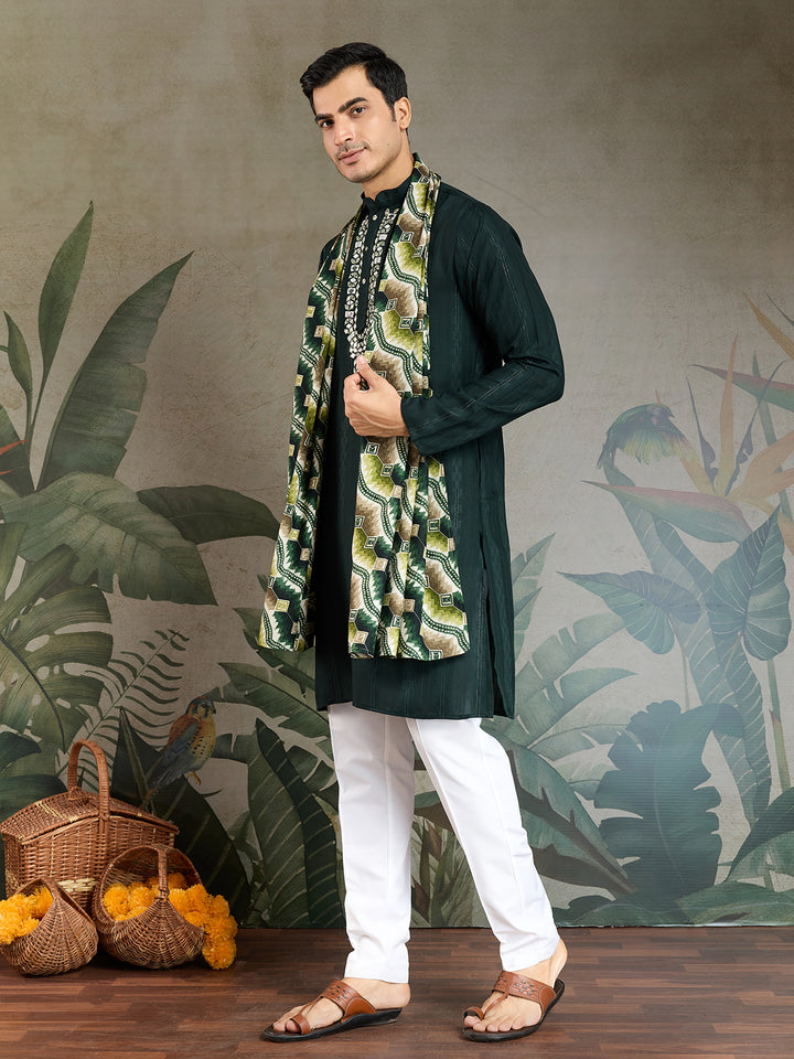 Green Viscose Men’s Kurta with Mirror Work & Zari Weaving | Festive & Wedding Wear