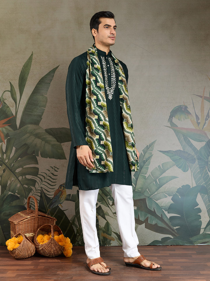 Green Viscose Men’s Kurta with Mirror Work & Zari Weaving | Festive & Wedding Wear