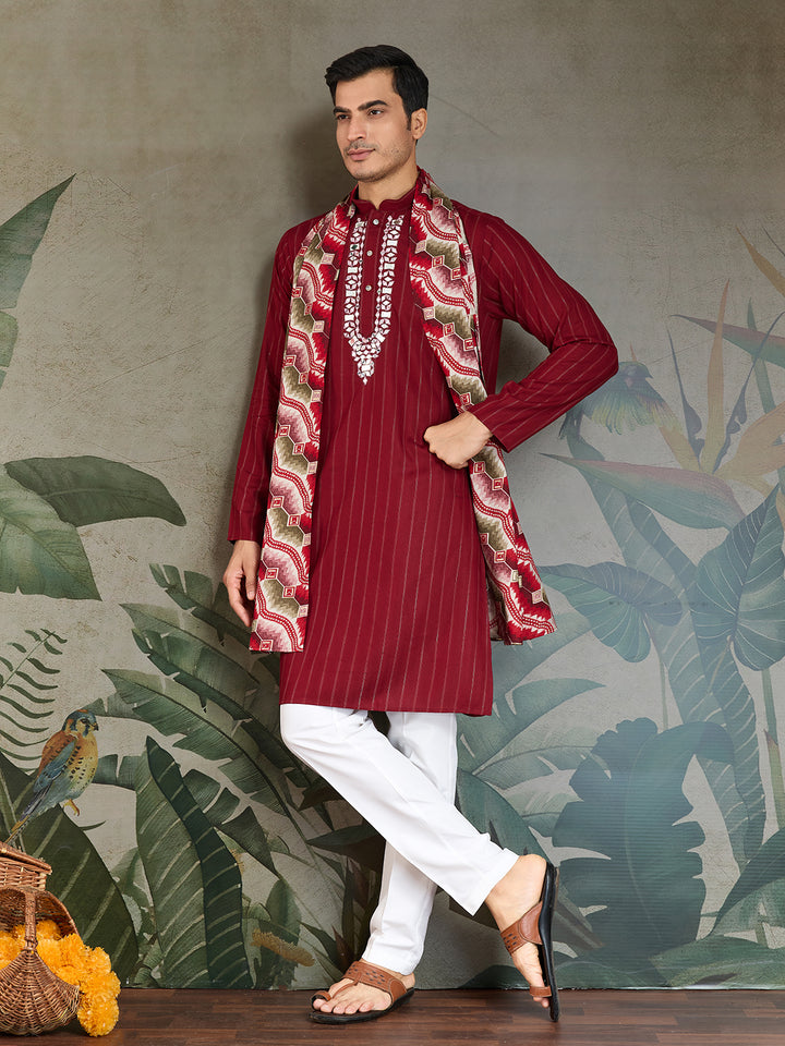 Red Viscose Men’s Kurta with Mirror Work & Zari Weaving – Festive & Wedding Wear Outfit