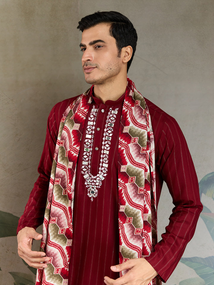 Red Viscose Men’s Kurta with Mirror Work & Zari Weaving – Festive & Wedding Wear Outfit