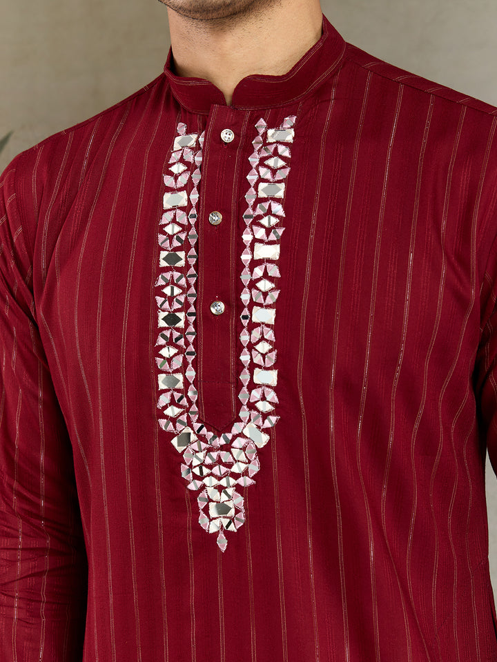 Red Viscose Men’s Kurta with Mirror Work & Zari Weaving – Festive & Wedding Wear Outfit