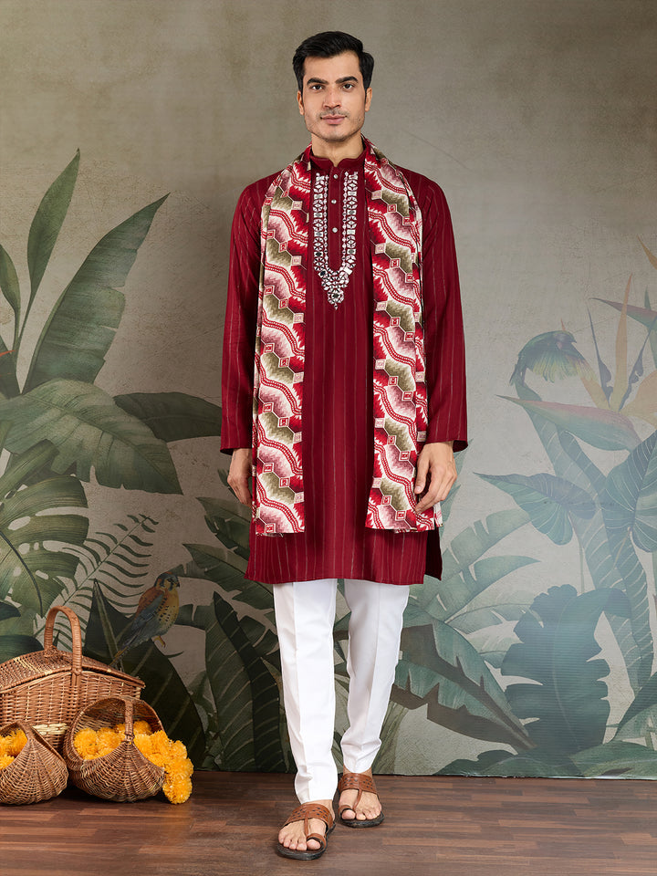 Red Viscose Men’s Kurta with Mirror Work & Zari Weaving – Festive & Wedding Wear Outfit