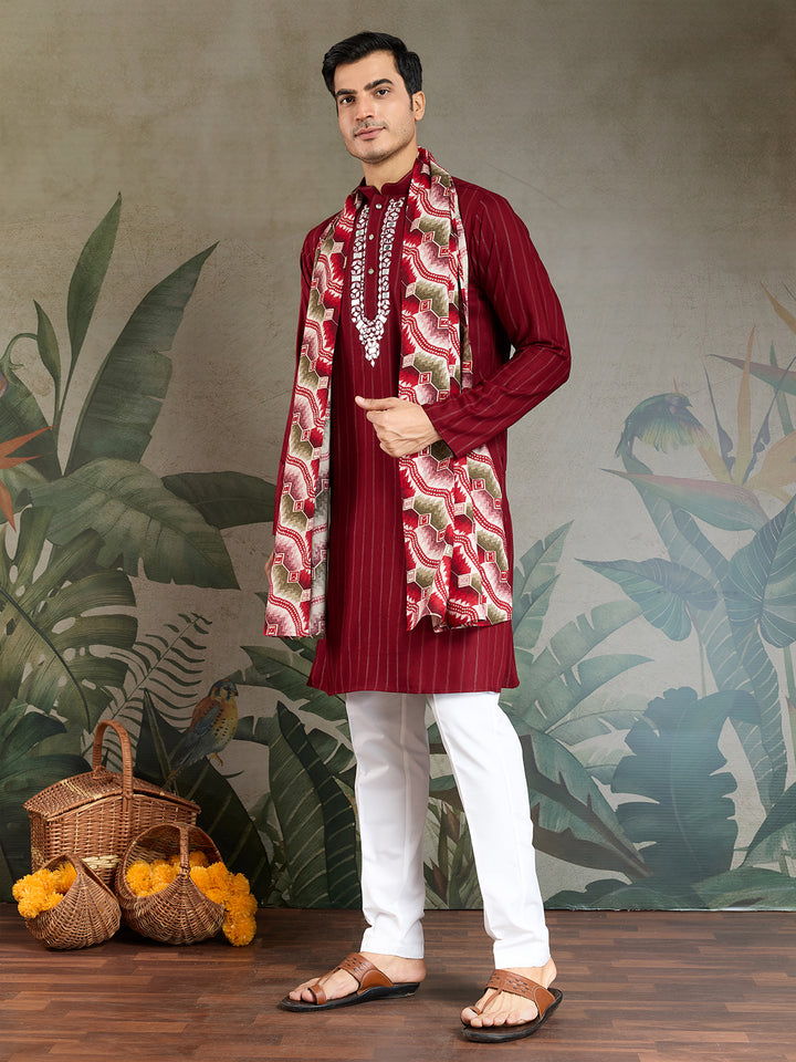 Red Viscose Men’s Kurta with Mirror Work & Zari Weaving – Festive & Wedding Wear Outfit