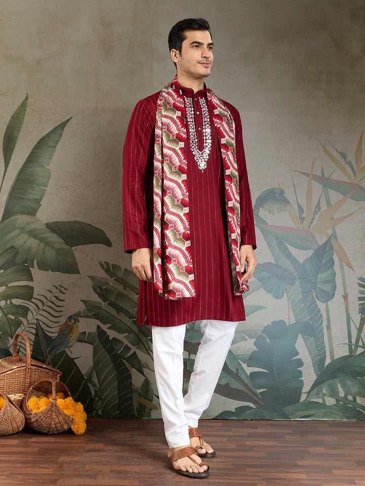 Red Viscose Men’s Kurta with Mirror Work & Zari Weaving – Festive & Wedding Wear Outfit