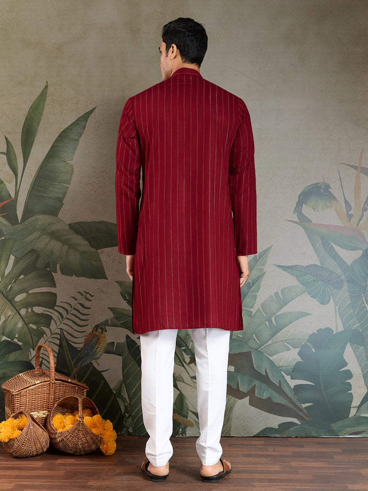 Red Viscose Men’s Kurta with Mirror Work & Zari Weaving – Festive & Wedding Wear Outfit