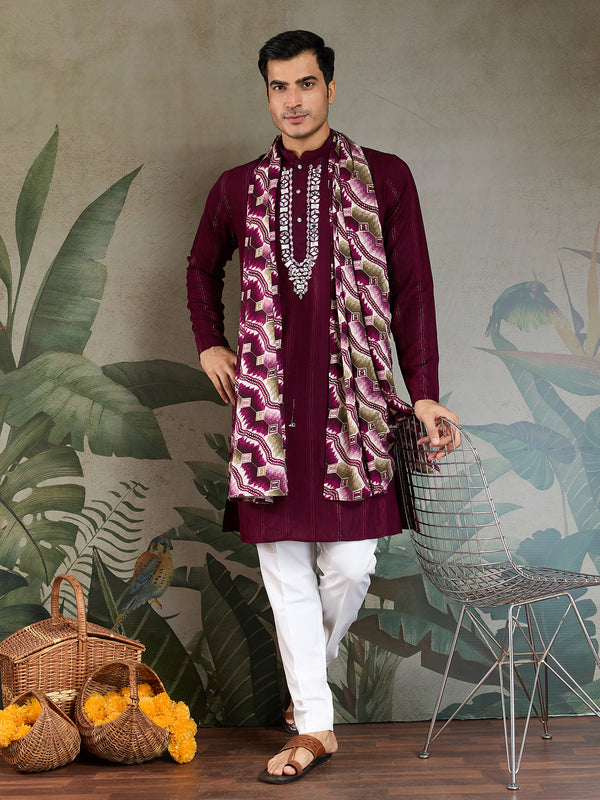 Purple Viscose Kurta for Men with Mirror Work & Zari Weaving | Stylish Festive & Wedding Wear Kurta
