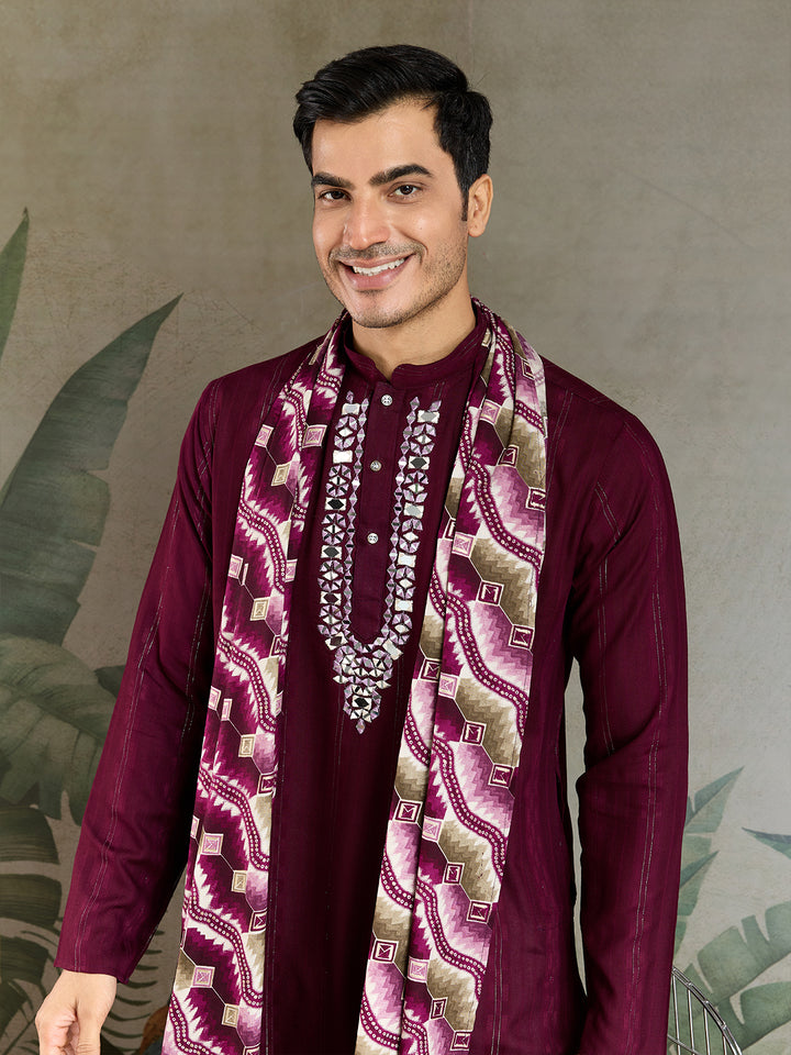 Purple Viscose Kurta for Men with Mirror Work & Zari Weaving | Stylish Festive & Wedding Wear Kurta