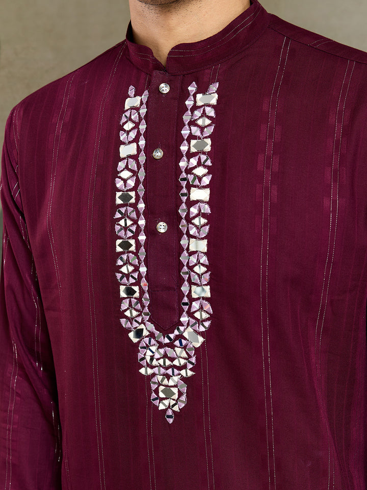 Purple Viscose Kurta for Men with Mirror Work & Zari Weaving | Stylish Festive & Wedding Wear Kurta
