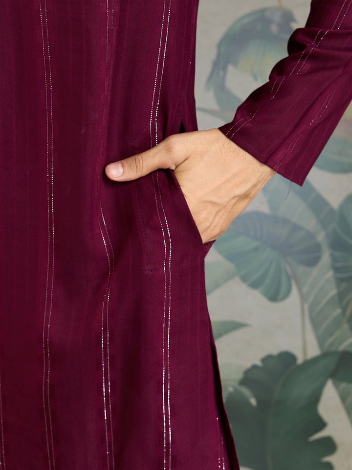 Purple Viscose Kurta for Men with Mirror Work & Zari Weaving | Stylish Festive & Wedding Wear Kurta