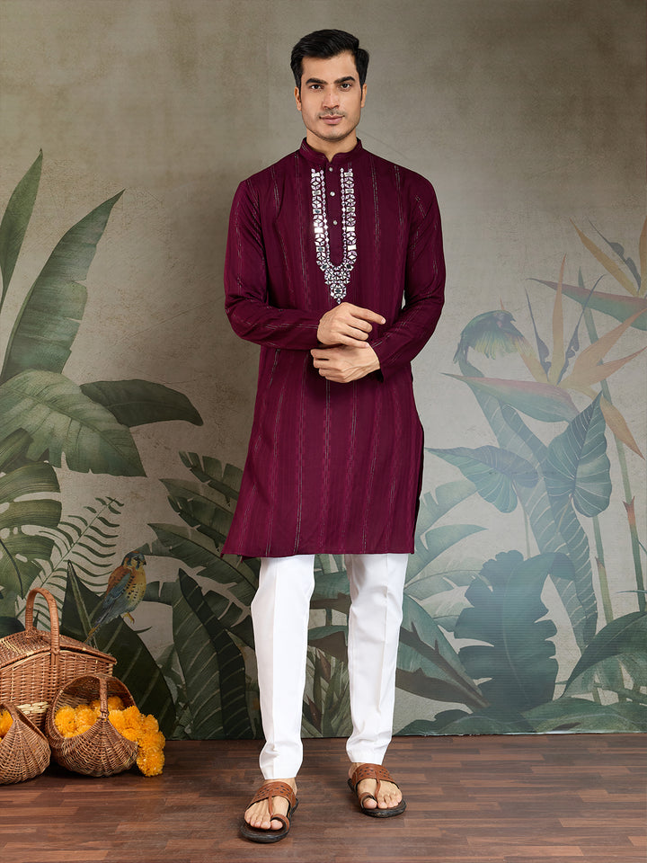 Purple Viscose Kurta for Men with Mirror Work & Zari Weaving | Stylish Festive & Wedding Wear Kurta