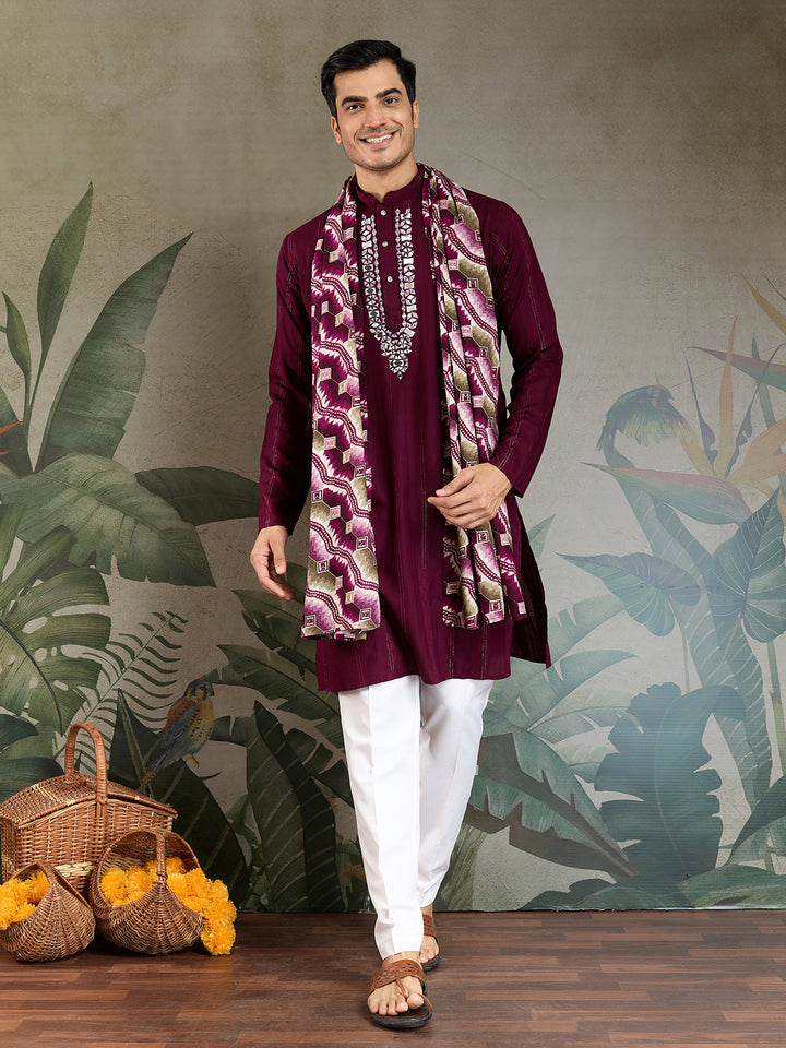Purple Viscose Kurta for Men with Mirror Work & Zari Weaving | Stylish Festive & Wedding Wear Kurta