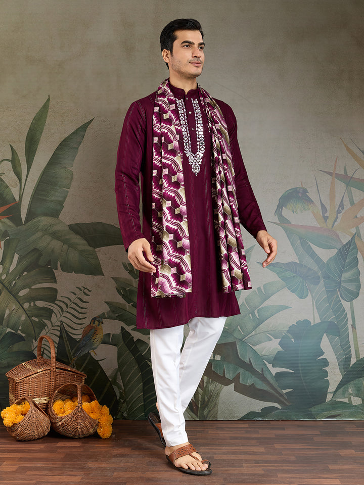 Purple Viscose Kurta for Men with Mirror Work & Zari Weaving | Stylish Festive & Wedding Wear Kurta