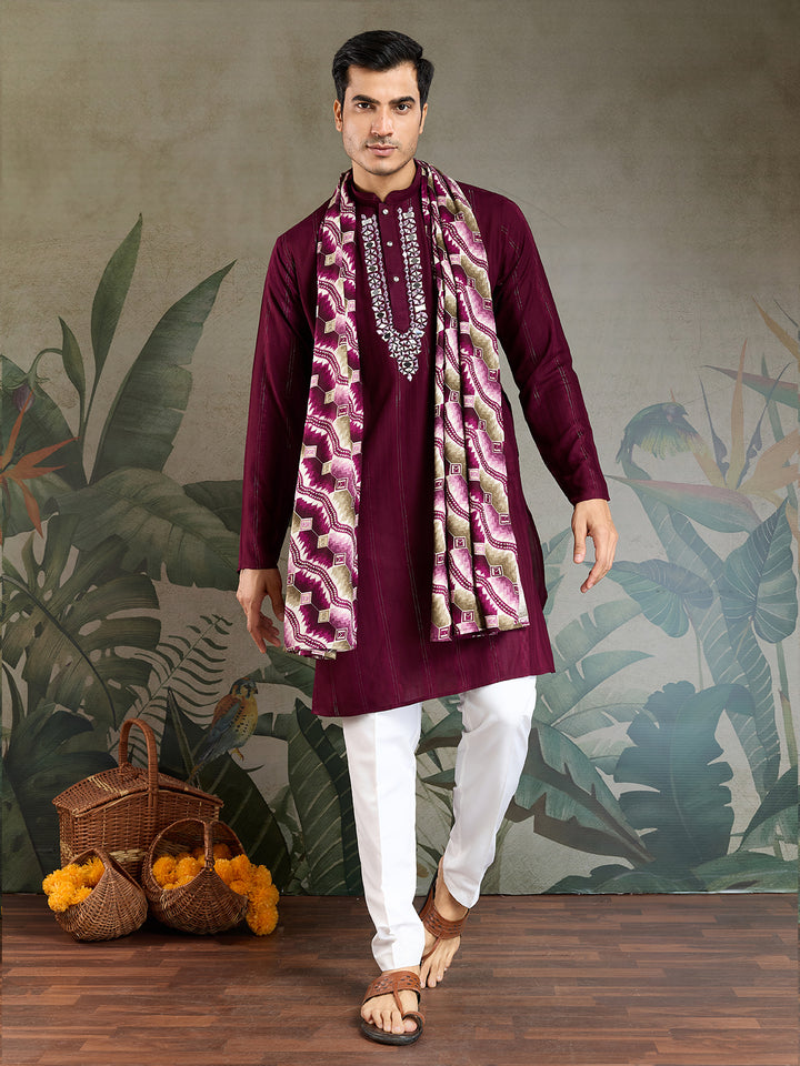 Purple Viscose Kurta for Men with Mirror Work & Zari Weaving | Stylish Festive & Wedding Wear Kurta