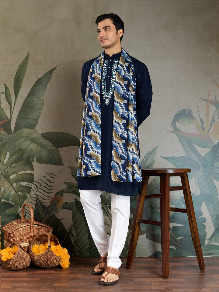 Navy Blue Viscose Men’s Kurta with Mirror Work & Zari Weaving – Elegant Ethnic Wear for Weddings & Festive Occasions